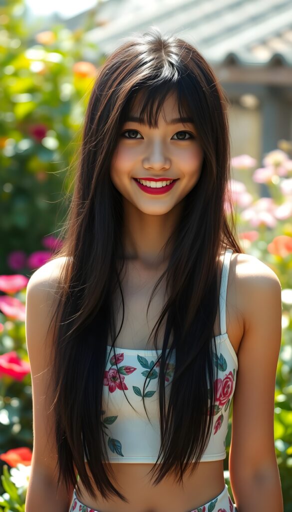A young girl with long, flowing jet-black hair cascading down her shoulders, her radiant smile accentuated by bold dark red lipstick, stands in a sunlit garden. Her black eyes shine brightly against her pale complexion, framed by perfectly applied black eyeliner. The background features vibrant flowers and lush greenery, creating a magical atmosphere. She is wearing a thin white cropped tank top with a colorful floral pattern that accentuates her perfectly shaped, feminine figure.