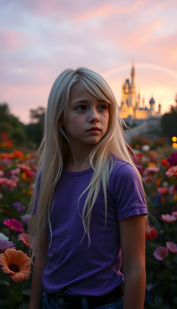 A young girl with long, flowing white hair and expressive brown eyes, dressed in a fitted violet t-shirt, stands in a whimsical garden at twilight. The garden is filled with vibrant, oversized flowers, and the sky is a blend of soft pinks and purples. She gazes thoughtfully at a distant, ethereal castle illuminated by a warm, magical glow, with a rainbow arching over the landscape.