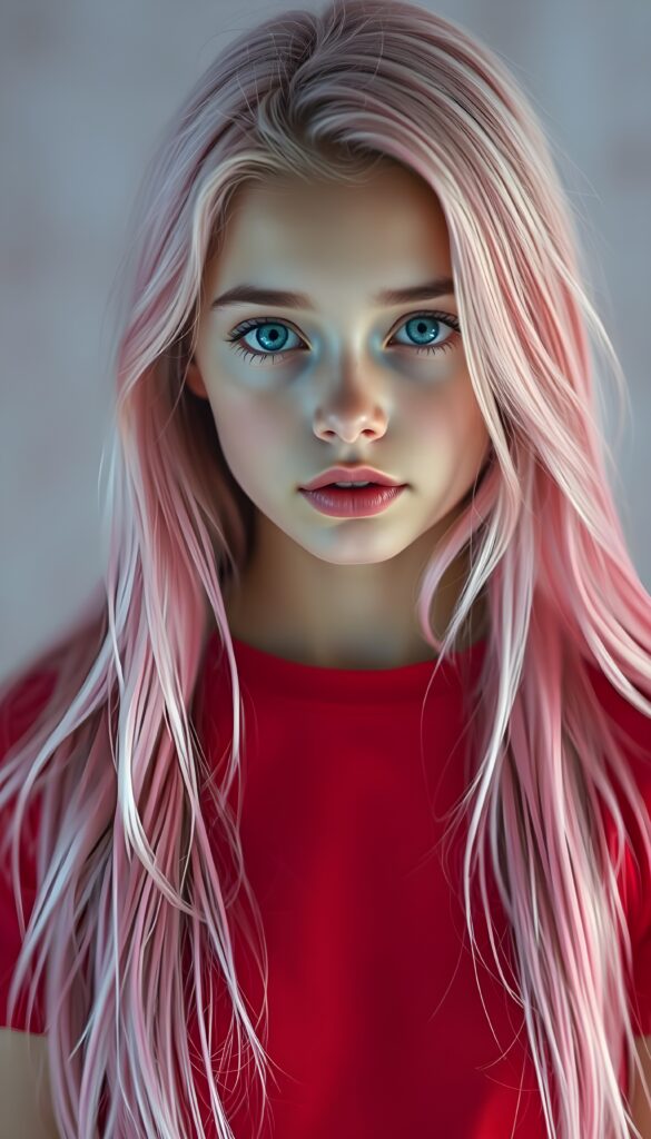 A young girl with porcelain skin and bright blue eyes, her lips full and lips with white teeth, a symmetrical face. She has long, soft neon pink hair that cascades down her shoulders like a waterfall of candyfloss. She wears a red t-shirt.