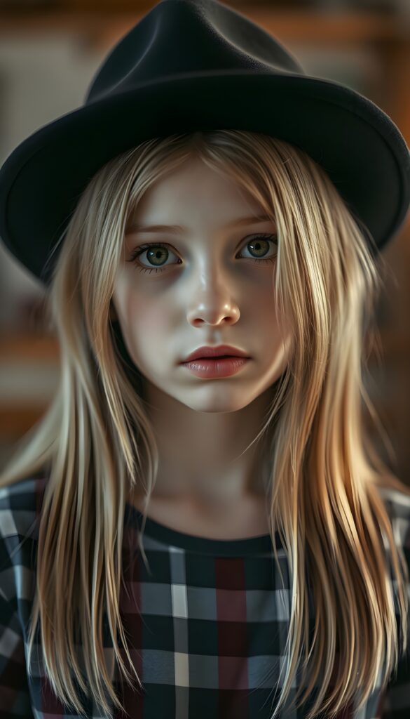 A young girl with straight golden blonde hair wears a black hat, her hair falling gently over her upper body. She has dark, round, large eyes and a pouty mouth. She wears a checkered T-shirt that accentuates her wonderful, feminine body.