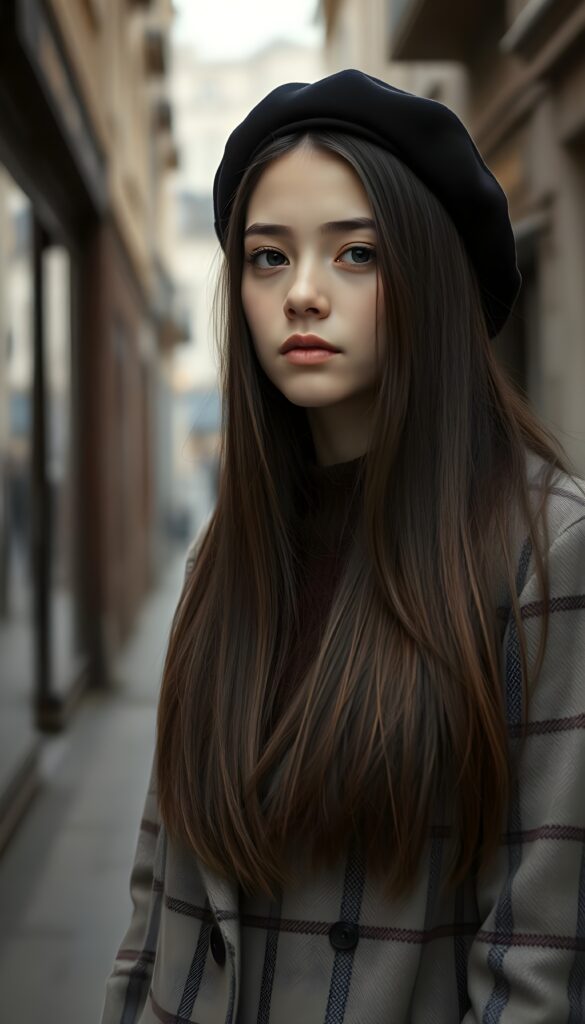 A young, petite sweet French girl with long maroon brown super straight hair and a plaid coat and underwear a brown sweater. Detailed. A masterpiece. Black beret. She stands in a old street in Paris, 1920 style, in a perfect grayscale. Her soft jet hair falls down like a waterfall. Touch of melancholy.