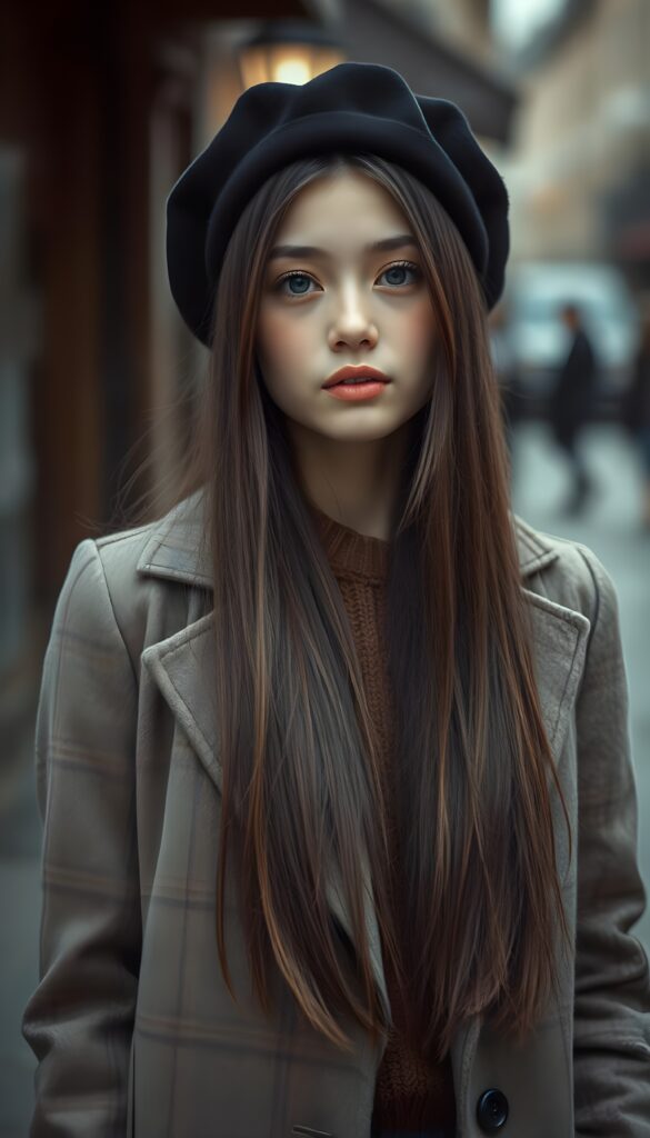 A young, petite sweet French girl with long maroon brown super straight hair and a plaid coat and underwear a brown sweater. Detailed. A masterpiece. Black beret. She stands in a old street in Paris, 1920 style, in a perfect grayscale. Her soft jet hair falls down like a waterfall. Touch of melancholy.