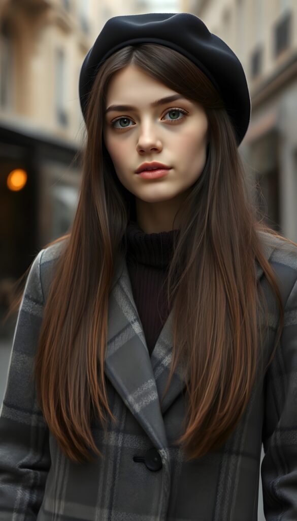 A young, petite sweet French girl with long maroon brown super straight hair and a plaid coat and underwear a brown sweater. Detailed. A masterpiece. In the style from Claude Monet. Black beret. She stands in a old street in Paris, 1920 style.