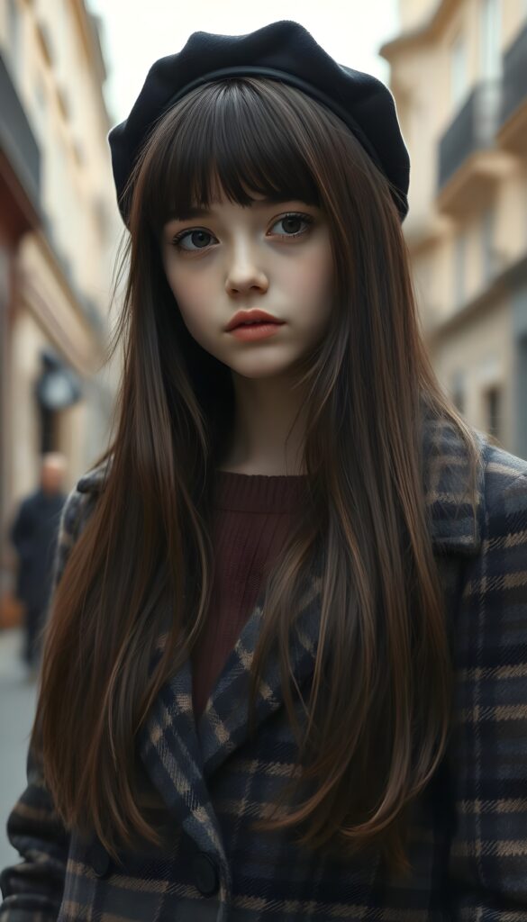 A young, petite sweet French girl with long maroon brown super straight hair and a plaid coat and underwear a brown sweater. Detailed. A masterpiece. Black beret. She stands in a old street in Paris, 1920 style, in a perfect grayscale. Her soft jet hair falls down like a waterfall. Touch of melancholy.