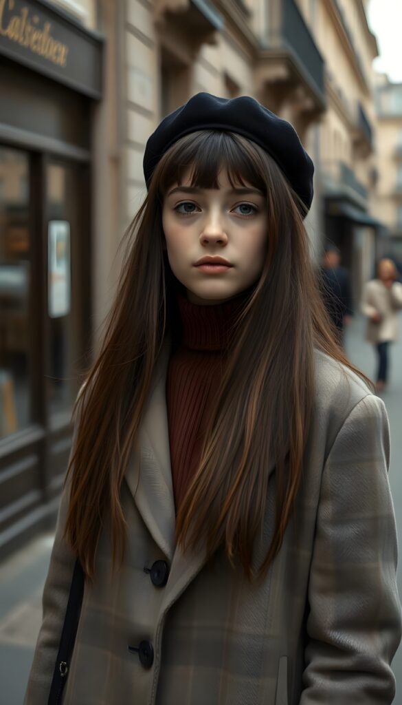 A young, petite sweet French girl with long maroon brown super straight hair and a plaid coat and underwear a brown sweater. Detailed. A masterpiece. In the style from Claude Monet. Black beret. She stands in a old street in Paris, 1920 style.