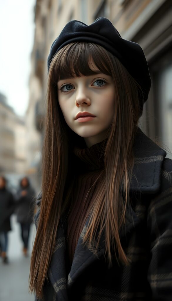 A young, petite sweet French girl with long maroon brown super straight hair and a plaid coat and underwear a brown sweater. Detailed. A masterpiece. In the style from Claude Monet. Black beret. She stands in a old street in Paris, 1920 style.