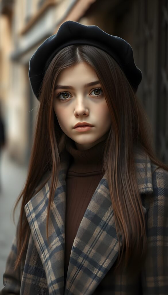 A young, petite sweet French girl with long maroon brown super straight hair and a plaid coat and underwear a brown sweater. Detailed. A masterpiece. In the style from Claude Monet. Black beret. She stands in a old street in Paris, 1920 style.