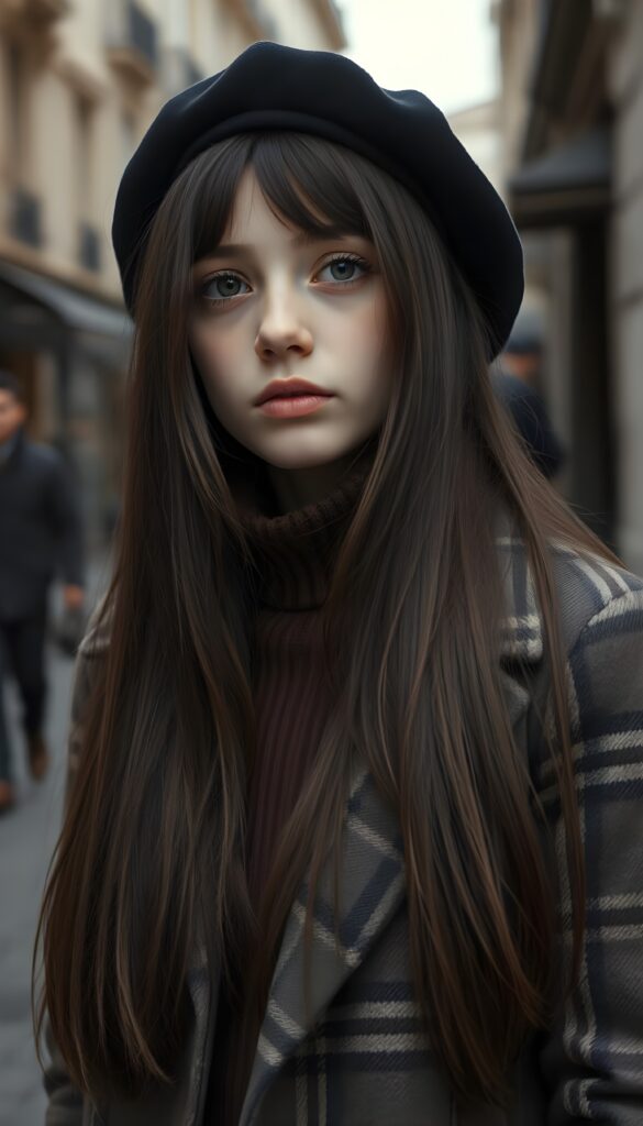 A young, petite sweet French girl with long maroon brown super straight hair and a plaid coat and underwear a brown sweater. Detailed. A masterpiece. Black beret. She stands in a old street in Paris, 1920 style, in a perfect grayscale. Her soft jet hair falls down like a waterfall. Touch of melancholy.