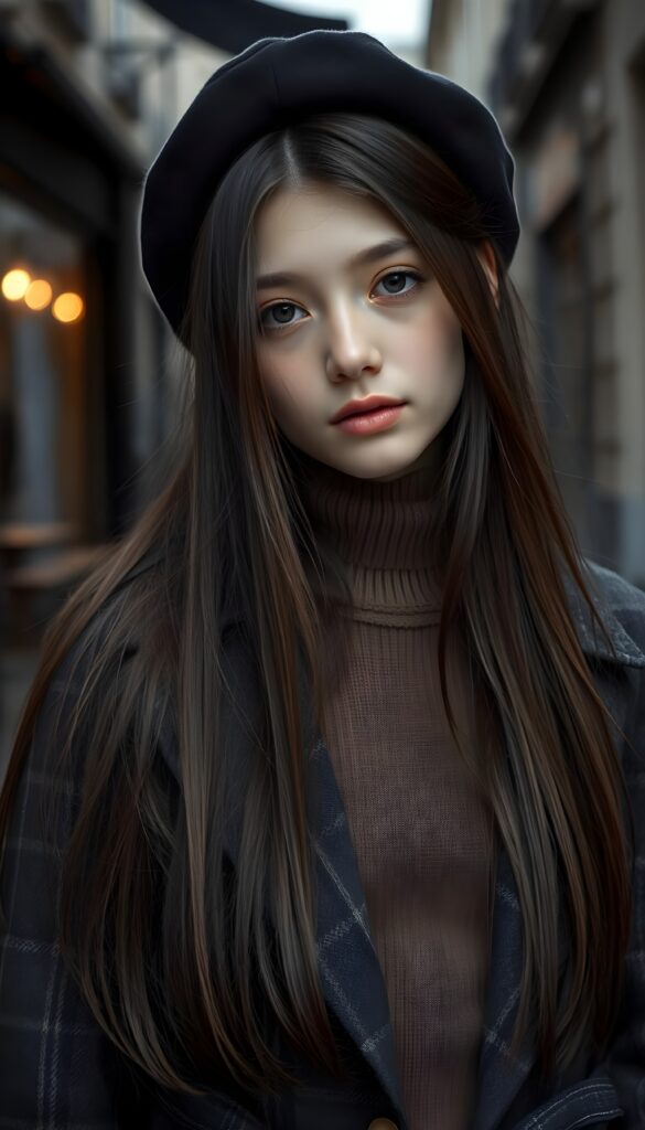 A young, petite sweet French girl with long maroon brown super straight hair and a plaid coat and underwear a brown sweater. Detailed. A masterpiece. Black beret. She stands in a old street in Paris, 1920 style, in a perfect grayscale. Her soft jet hair falls down like a waterfall. Touch of melancholy.