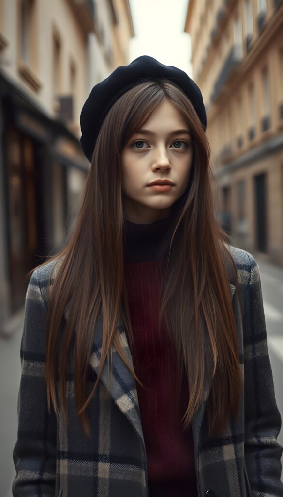 A young, petite sweet French girl with long maroon brown super straight hair and a plaid coat and underwear a brown sweater. Detailed. A masterpiece. In the style from Claude Monet. Black beret. She stands in a old street in Paris, 1920 style.