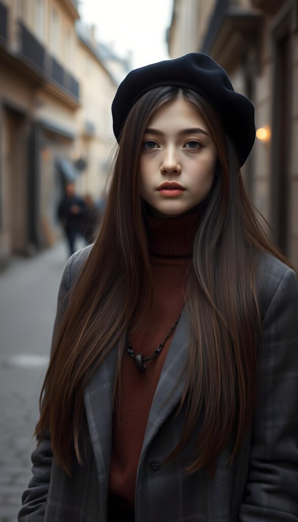 A young, petite sweet French girl with long maroon brown super straight hair and a plaid coat and underwear a brown sweater. Detailed. A masterpiece. Black beret. She stands in a old street in Paris, 1920 style, in a perfect grayscale. Her soft jet hair falls down like a waterfall. Touch of melancholy.