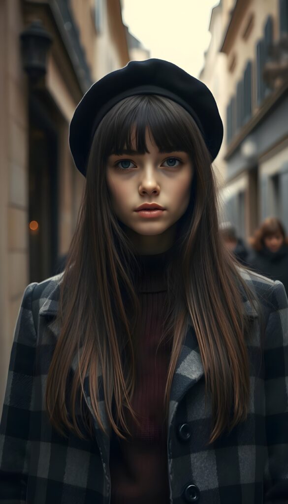 A young, petite sweet French girl with long maroon brown super straight hair and a plaid coat and underwear a brown sweater. Detailed. A masterpiece. In the style from Claude Monet. Black beret. She stands in a old street in Paris, 1920 style.