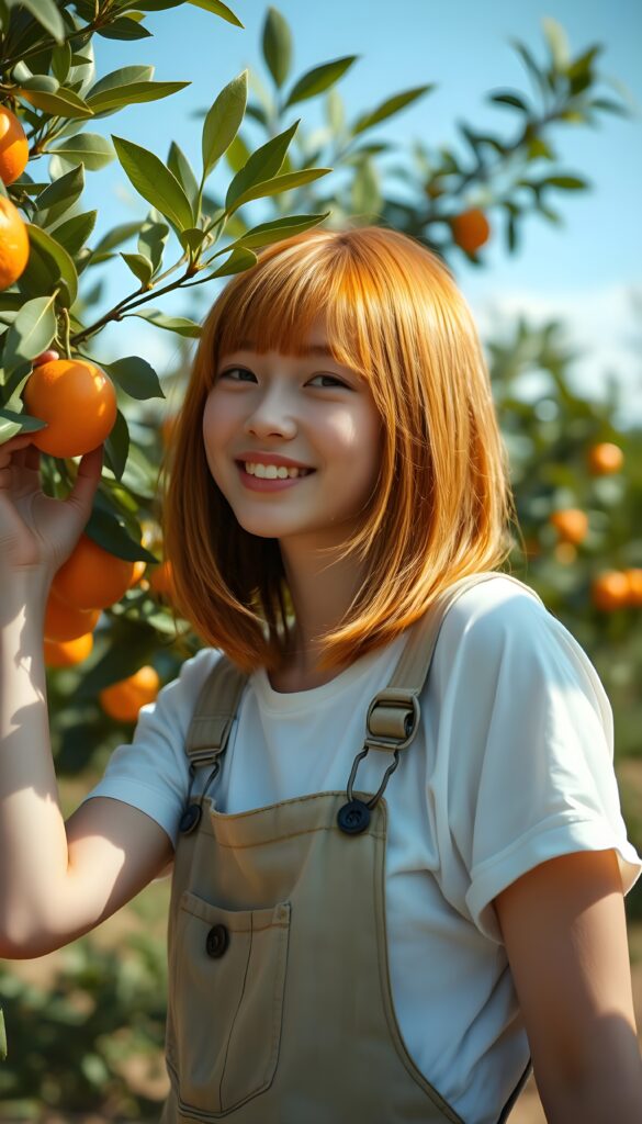 A young, pretty farm girl under an orange tree. She is wearing typical farm clothes, dungarees, under a white t-shirt, has straight, soft orange hair shoulder long bob cut. She picks a ripe orange from the tree, smile, side view. Sunny.