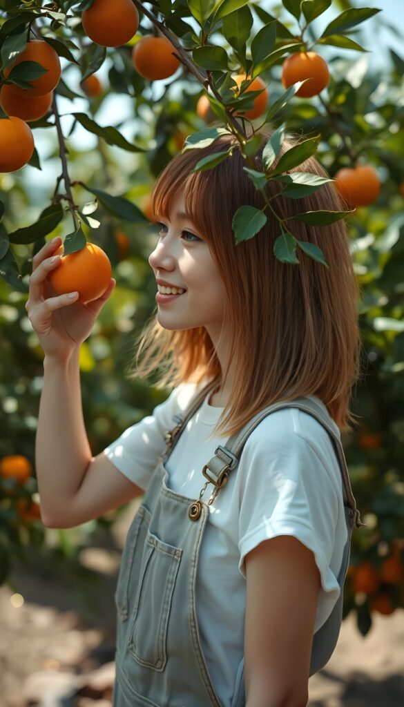 A young, pretty farm girl under an orange tree. She is wearing typical farm clothes, dungarees, under a white t-shirt, has straight, soft orange hair shoulder long bob cut. She picks a ripe orange from the tree, smile, side view. Sunny.
