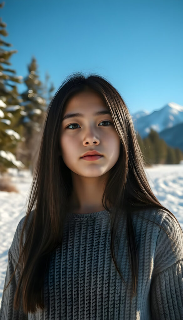 A young, pretty girl stands in a snowy landscape. Trees, mountains, and a crystal-clear blue sky. She has long black hair. She looks peaceful and wears a fine wool sweater.