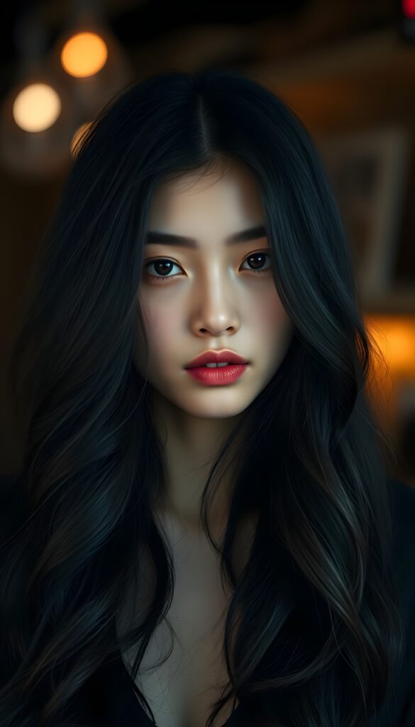 A young, pretty girl. She is stunning and gorgeous with long obsidian black wavy hair, flawless skin, red lips, dark eyes.