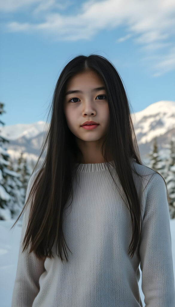 A young, pretty girl stands in a snowy landscape. Trees, mountains, and a crystal-clear blue sky. She has long black hair. She looks peaceful and wears a fine wool sweater.
