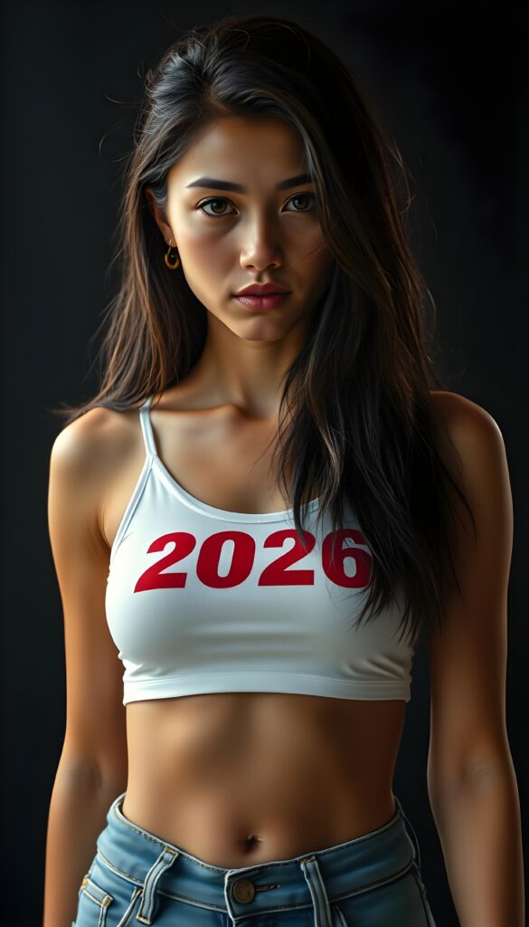 A young, pretty tanned Latino girl. She is stunning and gorgeous with obsidian black straight hair and brown highlights, flawless skin, red lips, dark eyes. She is wearing a tight, white cropped spaghetti tank top with the inscription 2026 in red. The sport top with deep neck emphasizes her perfectly shaped female body. Front view. She wears short blue denim jeans pants. You can see her round cute belly button. Black backdrop., perfect light and shadows.