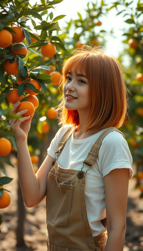 A young, pretty farm girl under an orange tree. She is wearing typical farm clothes, dungarees, under a white t-shirt, has straight, soft orange hair shoulder long bob cut. She picks a ripe orange from the tree, smile, side view. Sunny.