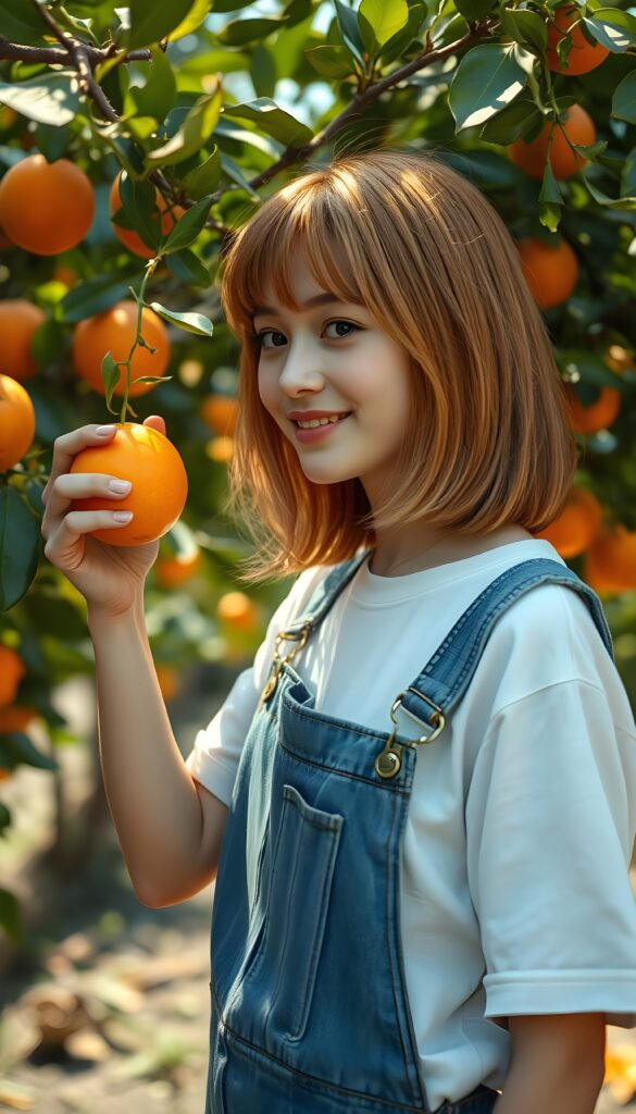 A young, pretty farm girl under an orange tree. She is wearing typical farm clothes, dungarees, under a white t-shirt, has straight, soft orange hair shoulder long bob cut. She picks a ripe orange from the tree, smile, side view. Sunny.