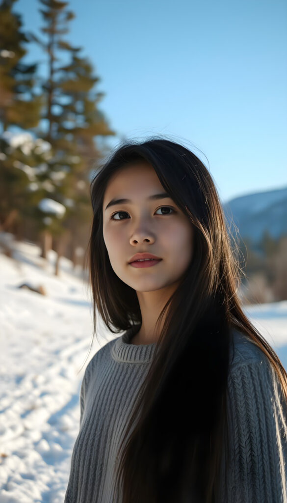 A young, pretty girl stands in a snowy landscape. Trees, mountains, and a crystal-clear blue sky. She has long black hair. She looks peaceful and wears a fine wool sweater.