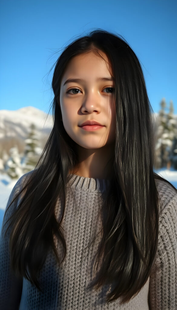 A young, pretty girl stands in a snowy landscape. Trees, mountains, and a crystal-clear blue sky. She has long black hair. She looks peaceful and wears a fine wool sweater.