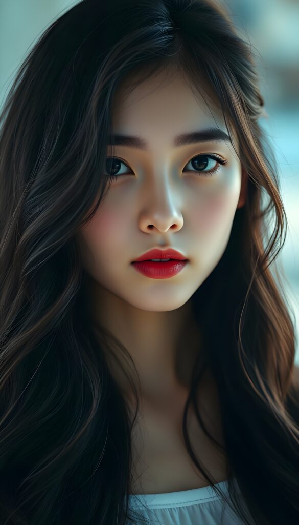 A young, pretty girl. She is stunning and gorgeous with long obsidian black wavy hair, flawless skin, red lips, dark eyes.