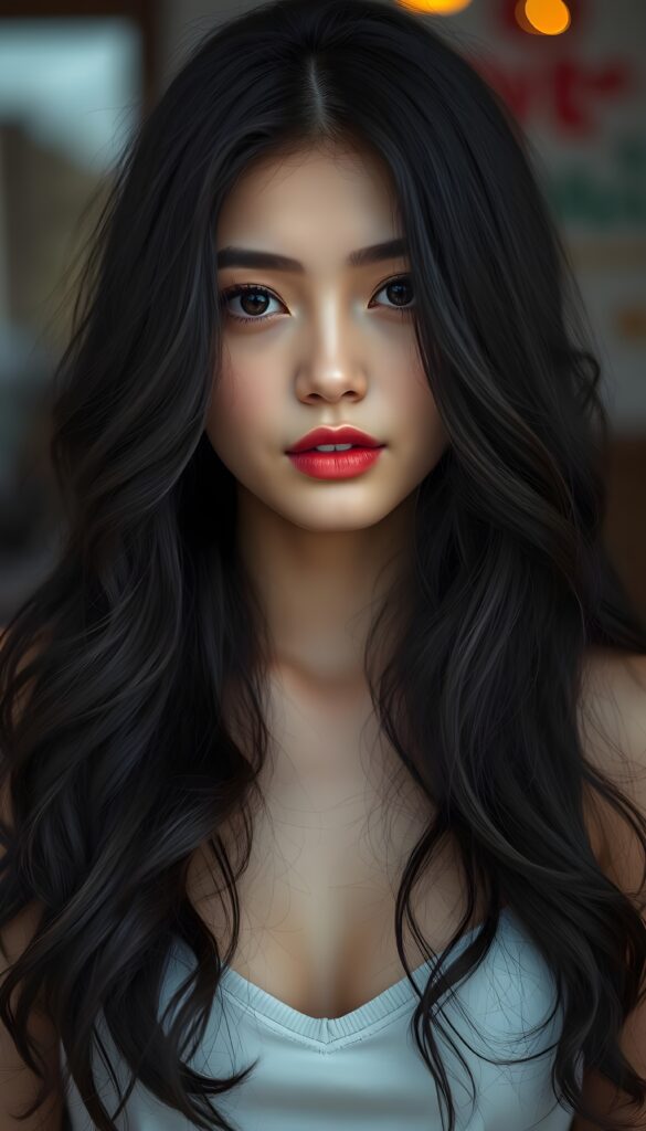 A young, pretty girl. She is stunning and gorgeous with long obsidian black wavy hair, flawless skin, red lips, dark eyes.