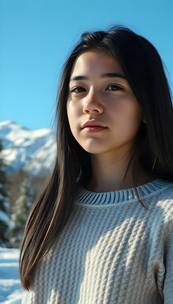 A young, pretty girl stands in a snowy landscape. Trees, mountains, and a crystal-clear blue sky. She has long black hair. She looks peaceful and wears a fine wool sweater.