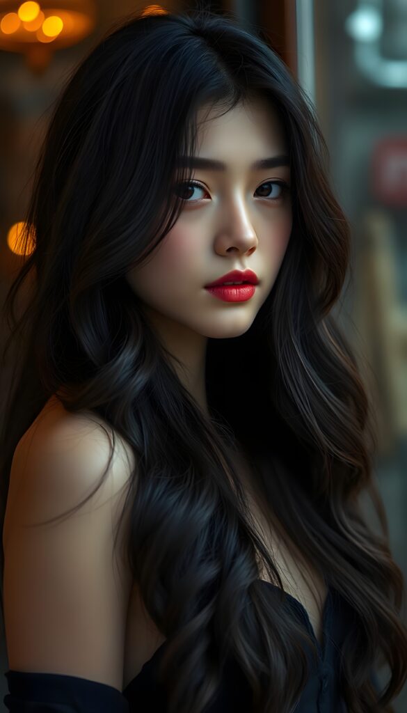 A young, pretty girl. She is stunning and gorgeous with long obsidian black wavy hair, flawless skin, red lips, dark eyes.