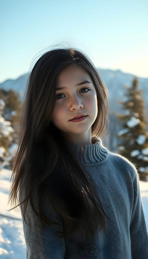 A young, pretty girl stands in a snowy landscape. Trees, mountains, and a crystal-clear blue sky. She has long black hair. She looks peaceful and wears a fine wool sweater.