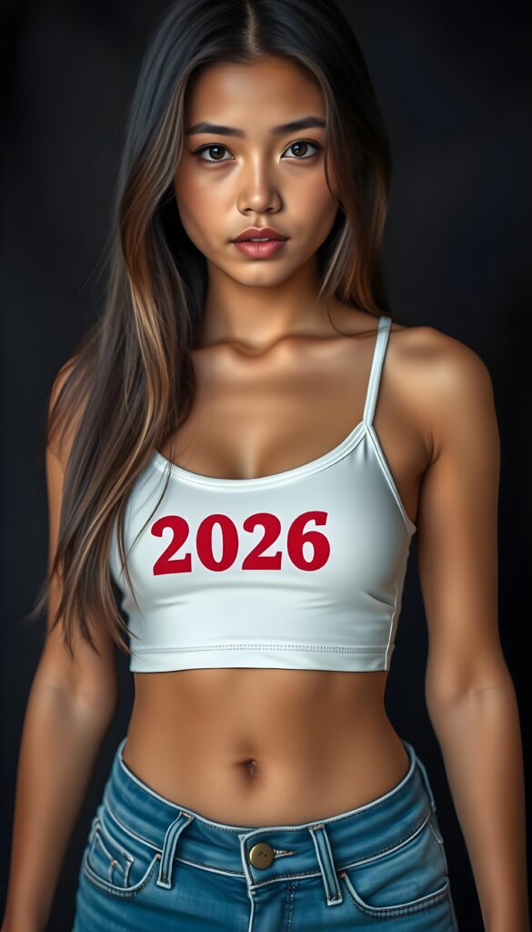 A young, pretty tanned Latino girl. She is stunning and gorgeous with obsidian black straight hair and brown highlights, flawless skin, red lips, dark eyes. She is wearing a tight, white cropped spaghetti tank top with the inscription 2026 in red. The sport top with deep neck emphasizes her perfectly shaped female body. Front view. She wears short blue denim jeans pants. You can see her round cute belly button. Black backdrop., perfect light and shadows.