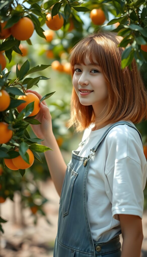 A young, pretty farm girl under an orange tree. She is wearing typical farm clothes, dungarees, under a white t-shirt, has straight, soft orange hair shoulder long bob cut. She picks a ripe orange from the tree, smile, side view. Sunny.