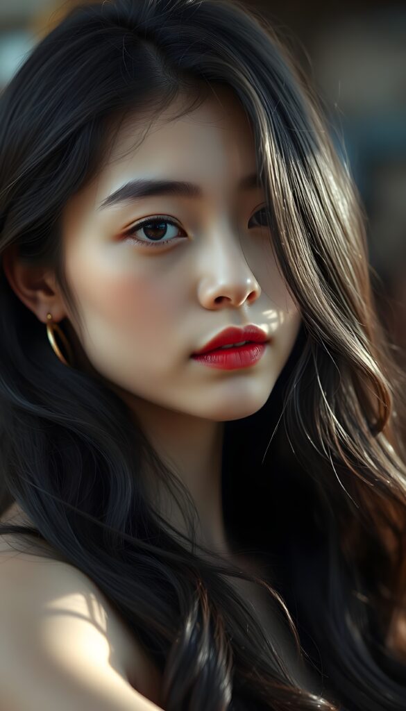 A young, pretty girl. She is stunning and gorgeous with long obsidian black wavy hair, flawless skin, red lips, dark eyes.