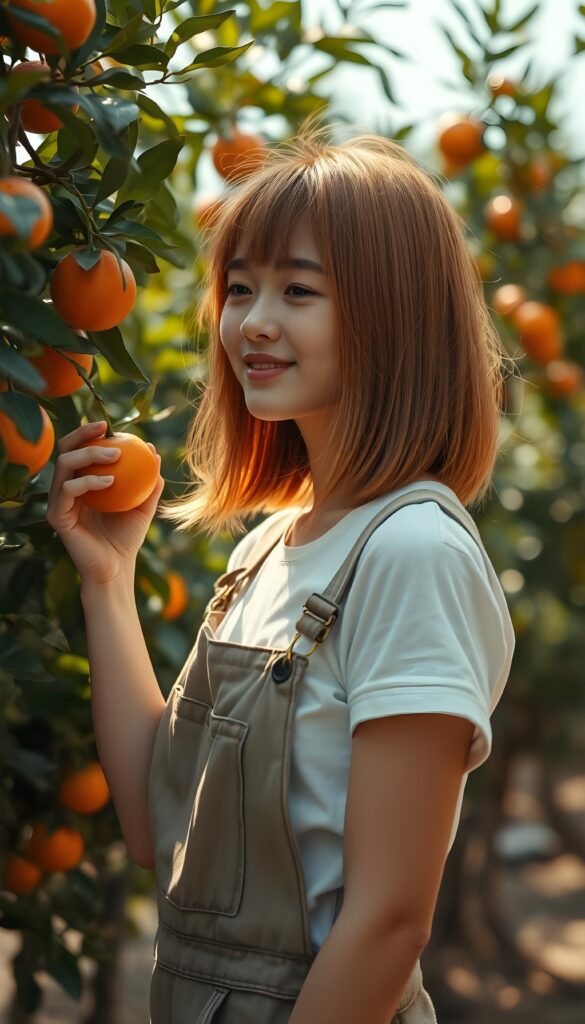 A young, pretty farm girl under an orange tree. She is wearing typical farm clothes, dungarees, under a white t-shirt, has straight, soft orange hair shoulder long bob cut. She picks a ripe orange from the tree, smile, side view. Sunny.