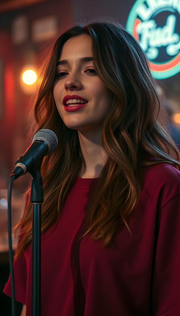 A young singer under warm lighting in a bar. She is standing on stage, has long, wavy, soft brown hair. In front of her is a retro microphone. Her eyes are slightly closed and she sings sensually. She is wearing an oversized wine-red T-shirt. Peaceful atmosphere. Her mouth is open, revealing white teeth and sensual, full red lips. Soft light illuminates the bar.