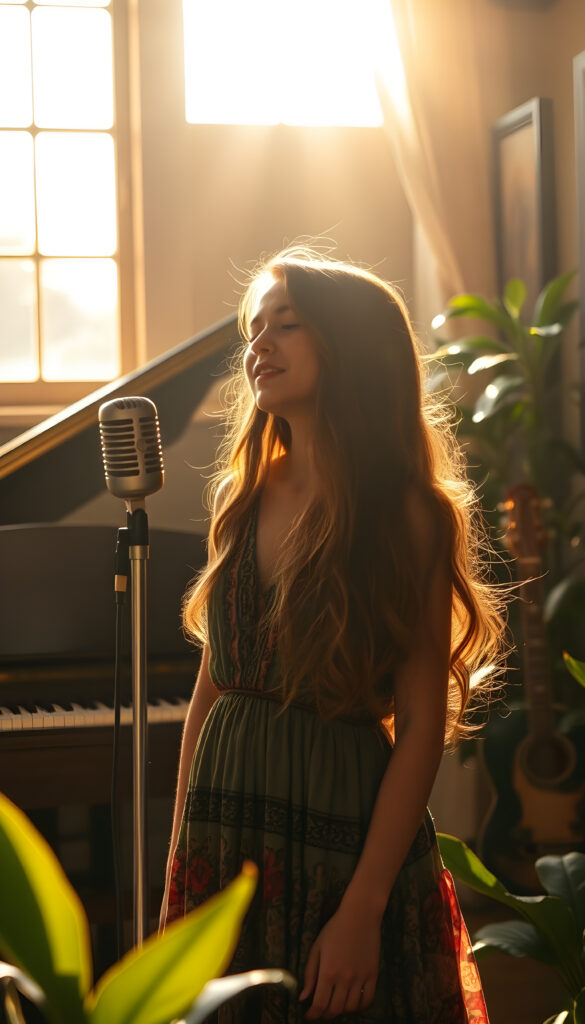 A young singer with long, wavy hair is standing in front of a vintage, retro microphone, bathed in warm, golden sunlight streaming through a large window. The room is filled with musical instruments, including a grand piano and a guitar, with sunlight creating dramatic shadows. The singer is wearing a flowing, colorful dress, and the scene is framed by lush green plants. The atmosphere is dreamy and nostalgic, with a soft focus and vibrant colors, evoking a sense of timeless elegance and creativity.