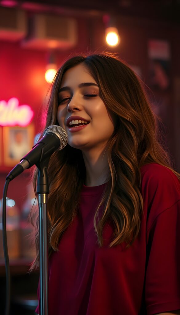 A young singer under warm lighting in a bar. She is standing on stage, has long, wavy, soft brown hair. In front of her is a retro microphone. Her eyes are slightly closed and she sings sensually. She is wearing an oversized wine-red T-shirt. Peaceful atmosphere. Her mouth is open, revealing white teeth and sensual, full red lips. Soft light illuminates the bar.