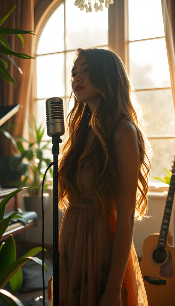 A young singer with long, wavy hair is standing in front of a vintage, retro microphone, bathed in warm, golden sunlight streaming through a large window. The room is filled with musical instruments, including a grand piano and a guitar, with sunlight creating dramatic shadows. The singer is wearing a flowing, colorful dress, and the scene is framed by lush green plants. The atmosphere is dreamy and nostalgic, with a soft focus and vibrant colors, evoking a sense of timeless elegance and creativity.