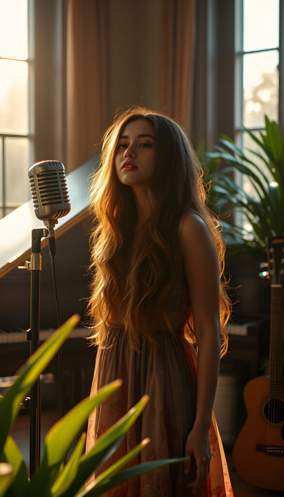 A young singer with long, wavy hair is standing in front of a vintage, retro microphone, bathed in warm, golden sunlight streaming through a large window. The room is filled with musical instruments, including a grand piano and a guitar, with sunlight creating dramatic shadows. The singer is wearing a flowing, colorful dress, and the scene is framed by lush green plants. The atmosphere is dreamy and nostalgic, with a soft focus and vibrant colors, evoking a sense of timeless elegance and creativity.