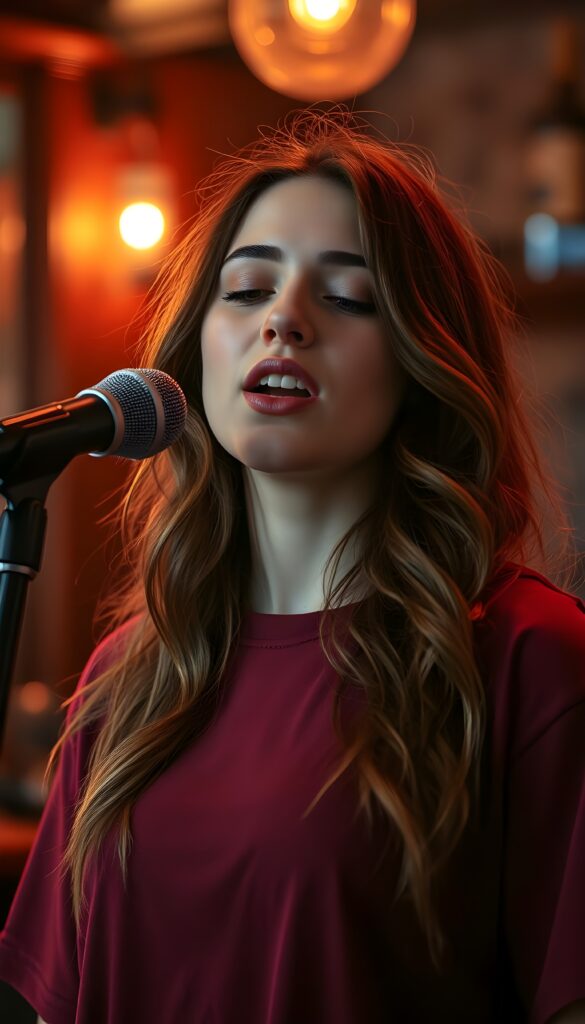 A young singer under warm lighting in a bar. She is standing on stage, has long, wavy, soft brown hair. In front of her is a retro microphone. Her eyes are slightly closed and she sings sensually. She is wearing an oversized wine-red T-shirt. Peaceful atmosphere. Her mouth is open, revealing white teeth and sensual, full red lips. Soft light illuminates the bar.
