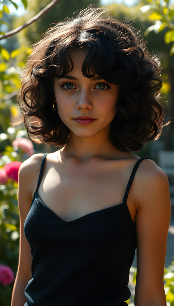 A young small busty girl with curly shoulder-length black hair and a few highlights, wearing a black camisole with a deep neckline, stands confidently in a whimsical garden. Her flawless skin and deep blue eyes sparkle under the soft, golden sunlight filtering through the lush greenery. The scene is captured from a slightly low angle, emphasizing her graceful posture and the serene beauty of the surroundings.