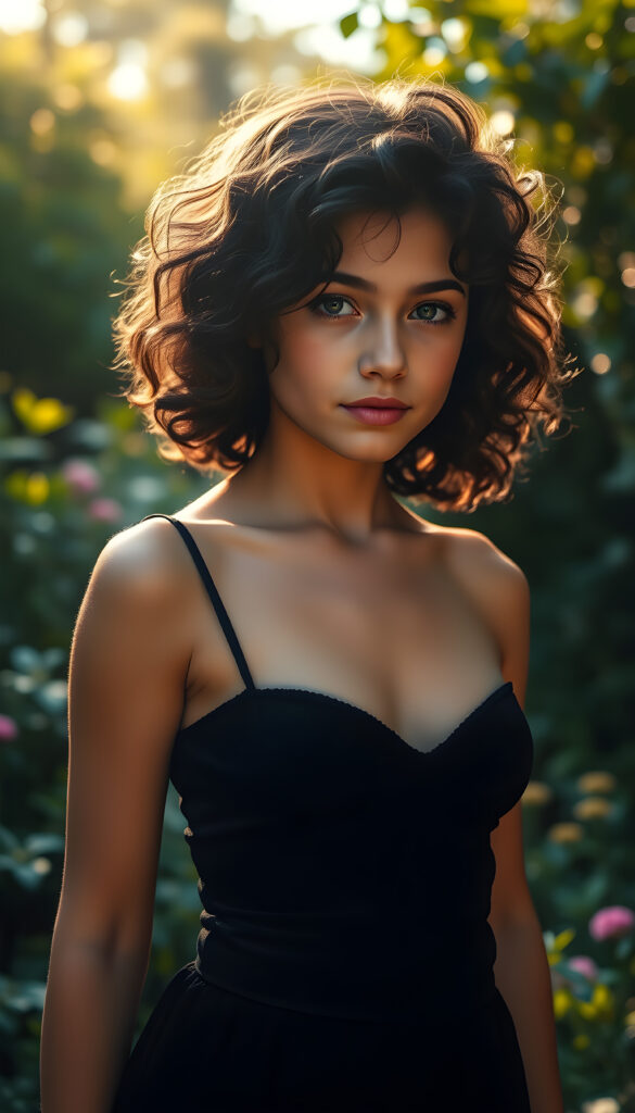 A young small busty girl with curly shoulder-length black hair and a few highlights, wearing a black camisole with a deep neckline, stands confidently in a whimsical garden. Her flawless skin and deep blue eyes sparkle under the soft, golden sunlight filtering through the lush greenery. The scene is captured from a slightly low angle, emphasizing her graceful posture and the serene beauty of the surroundings.