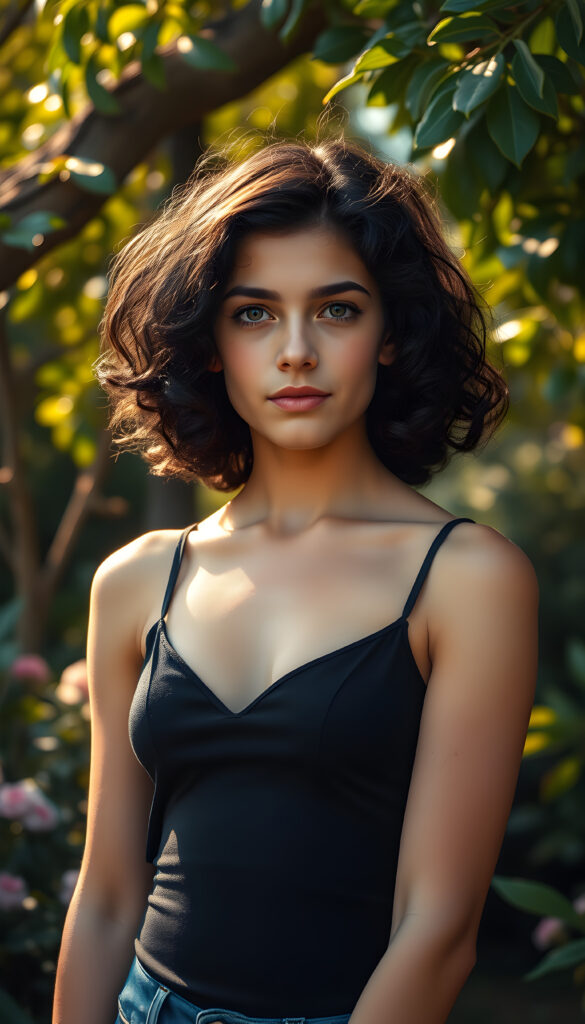 A young small busty girl with curly shoulder-length black hair and a few highlights, wearing a black camisole with a deep neckline, stands confidently in a whimsical garden. Her flawless skin and deep blue eyes sparkle under the soft, golden sunlight filtering through the lush greenery. The scene is captured from a slightly low angle, emphasizing her graceful posture and the serene beauty of the surroundings.