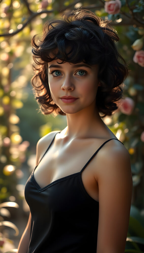 A young small busty girl with curly shoulder-length black hair and a few highlights, wearing a black camisole with a deep neckline, stands confidently in a whimsical garden. Her flawless skin and deep blue eyes sparkle under the soft, golden sunlight filtering through the lush greenery. The scene is captured from a slightly low angle, emphasizing her graceful posture and the serene beauty of the surroundings.