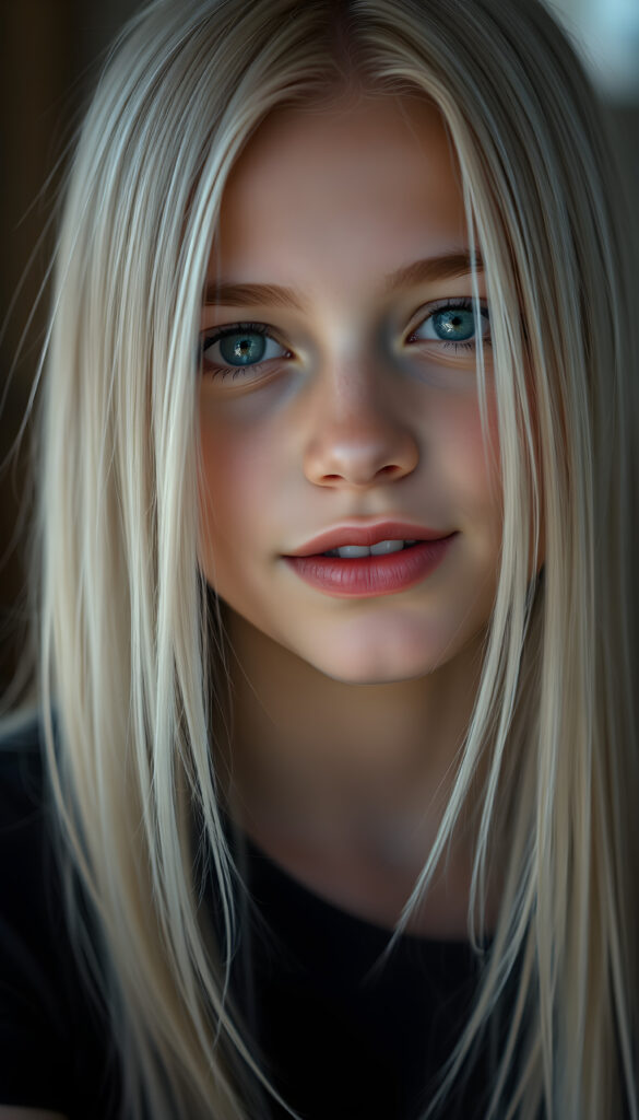 A young stunning girl. Peaceful face. Long, white hair falls over her upper body and is the same length on the right and left, full kissable lips, blue eyes, white teeth