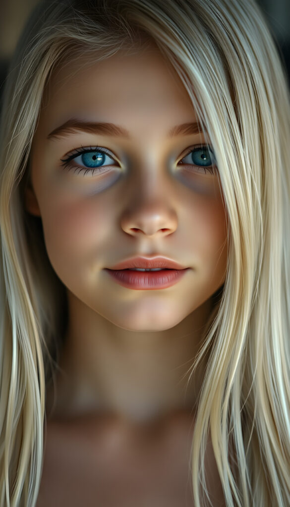 A young stunning girl. Peaceful face. Long, white hair falls over her upper body and is the same length on the right and left, full kissable lips, blue eyes, white teeth