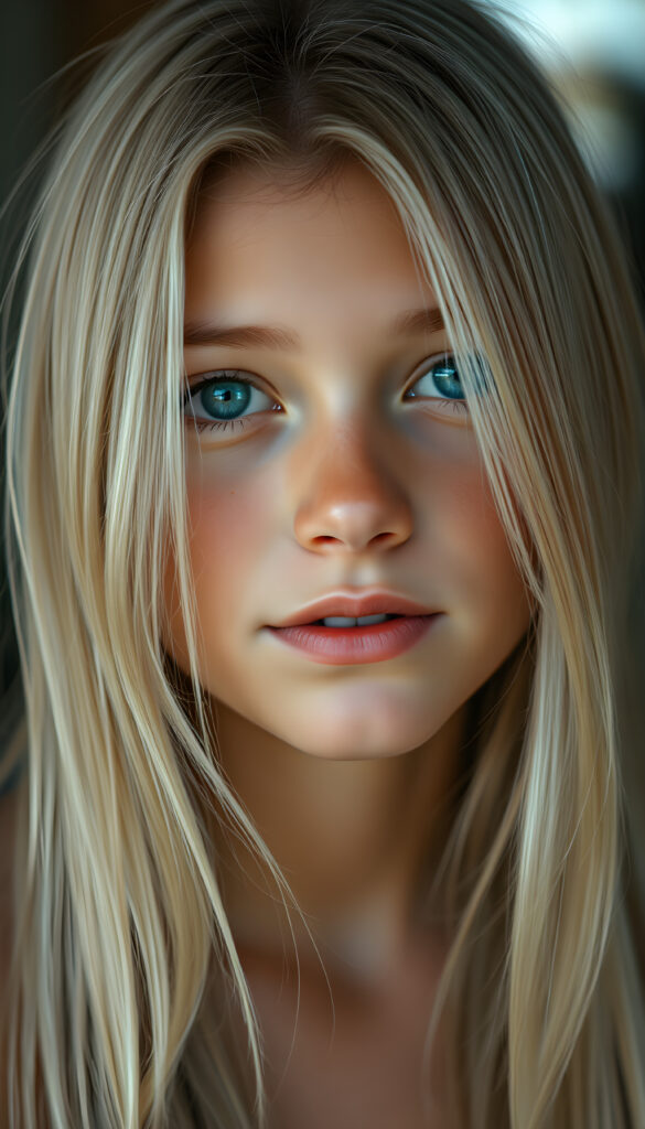 A young stunning girl. Peaceful face. Long, white hair falls over her upper body and is the same length on the right and left, full kissable lips, blue eyes, white teeth