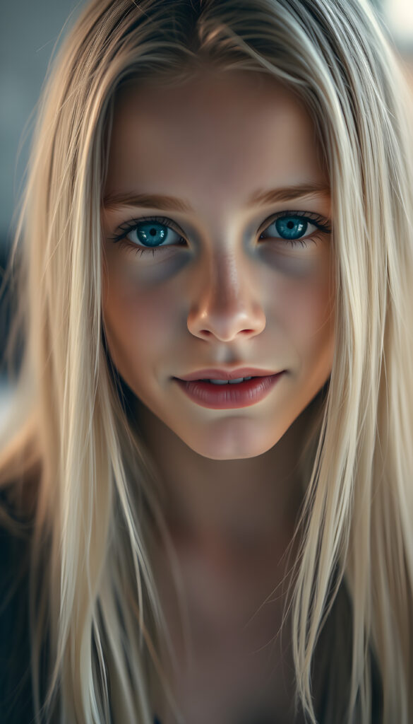 A young stunning girl. Peaceful face. Long, white hair falls over her upper body and is the same length on the right and left, full kissable lips, blue eyes, white teeth