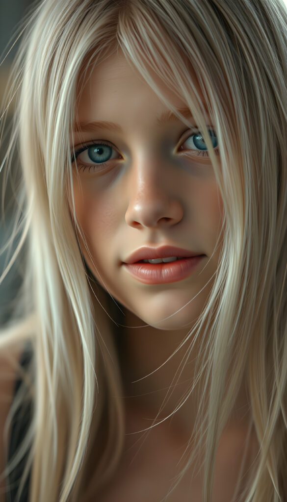 A young stunning girl. Peaceful face. Long, white hair falls over her upper body and is the same length on the right and left, full kissable lips, blue eyes, white teeth